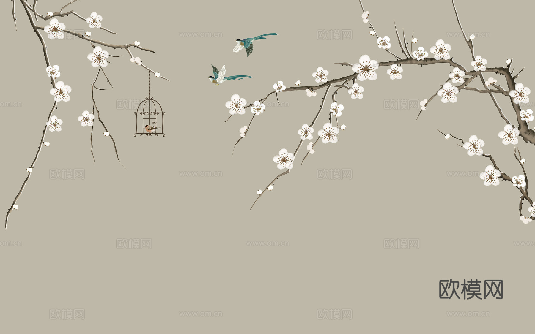 中式新中式花鸟植物壁纸壁画下载