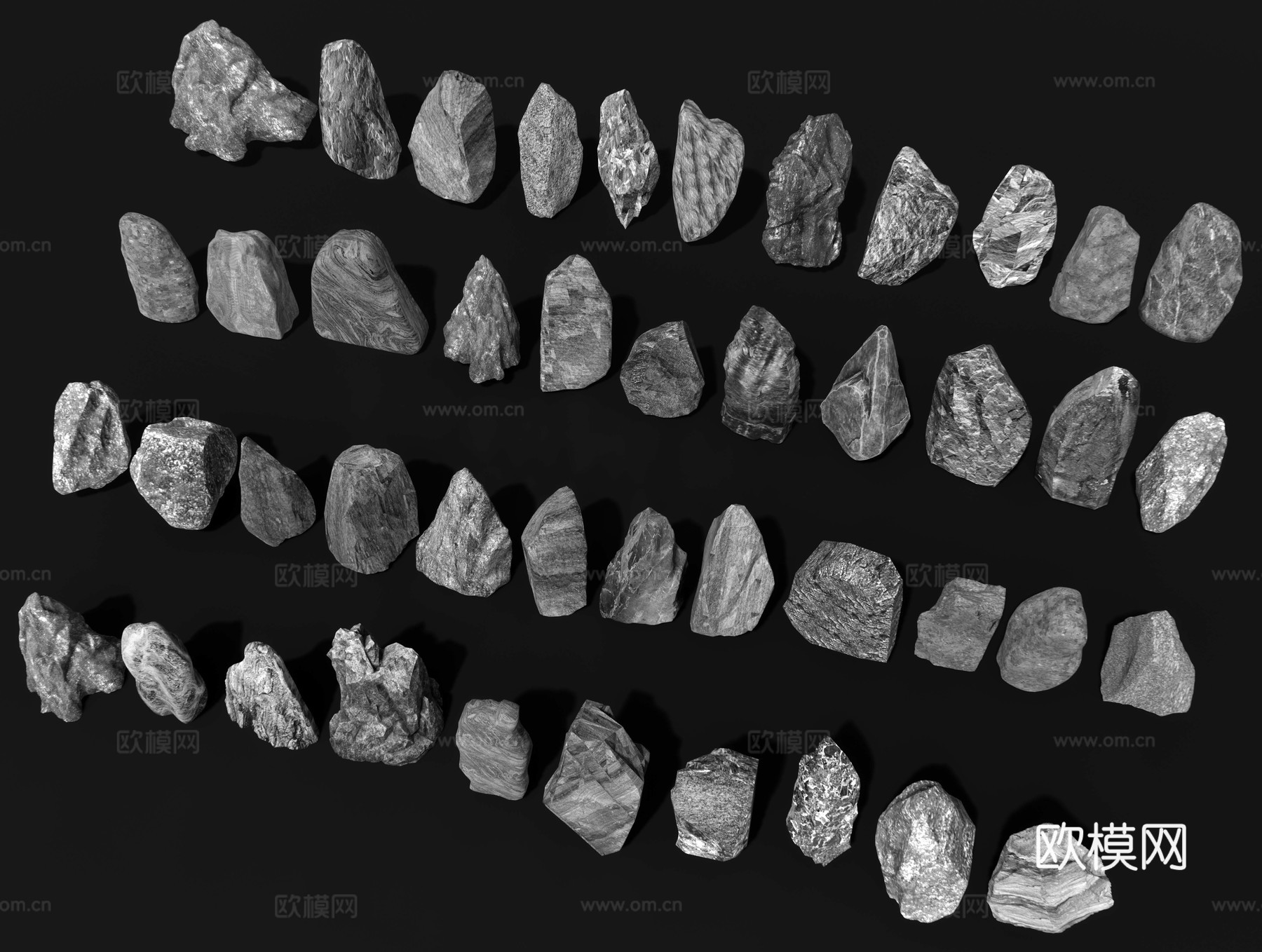 新中式景石 置石 黑山石 立石石块 景观石头 条石自然石su模型