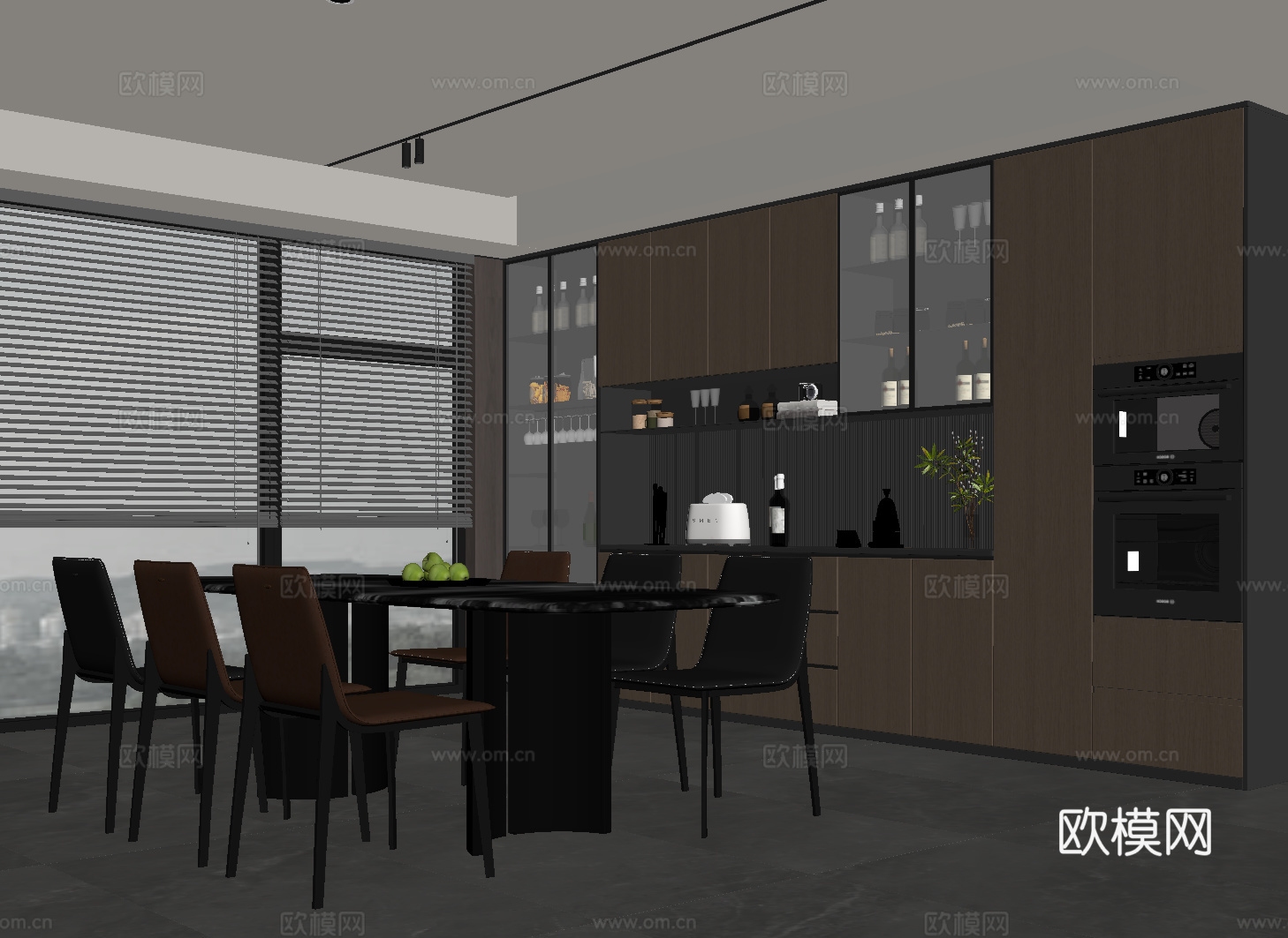 现代意式餐厅 酒柜 餐边柜 餐桌椅su模型