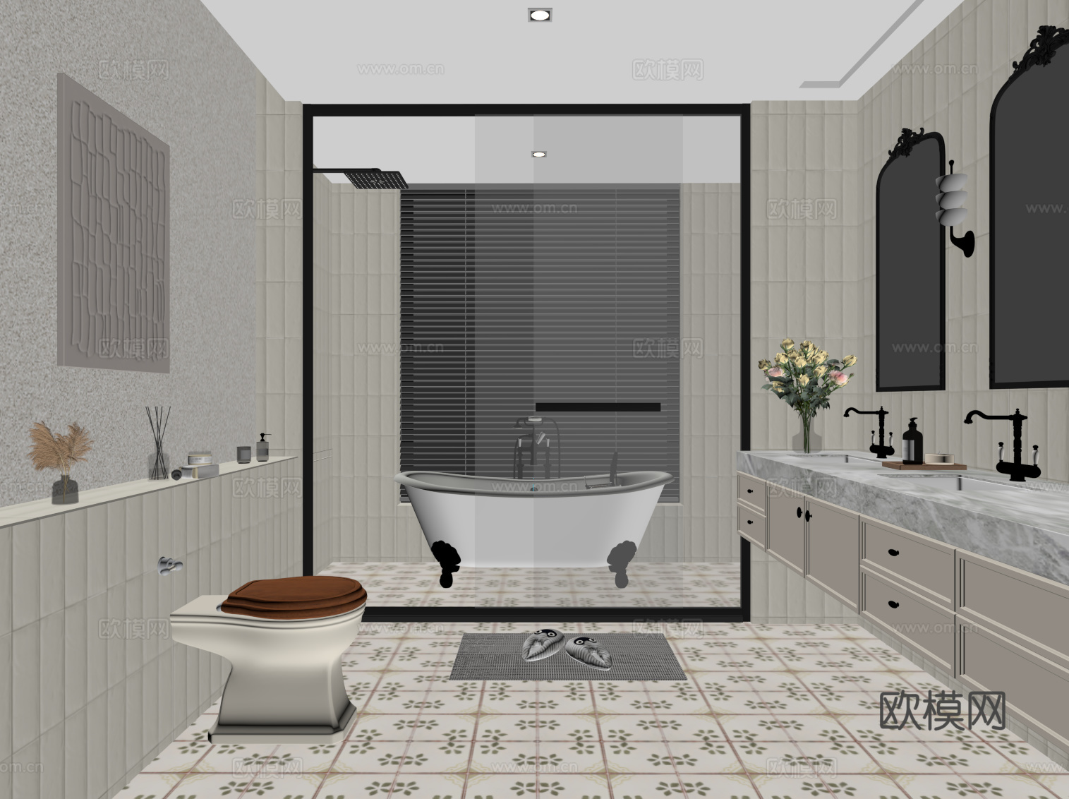 法式卫生间 浴室柜 浴缸 马桶su模型