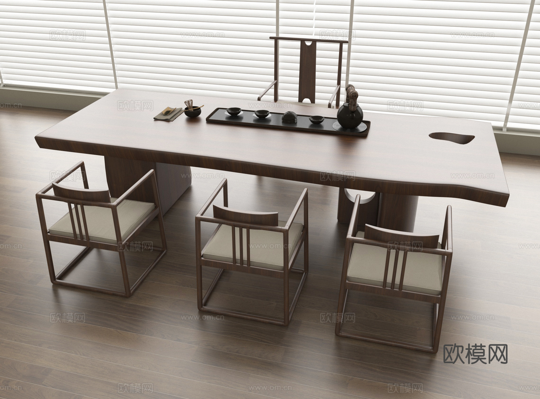新中式茶桌椅组合 茶具su模型