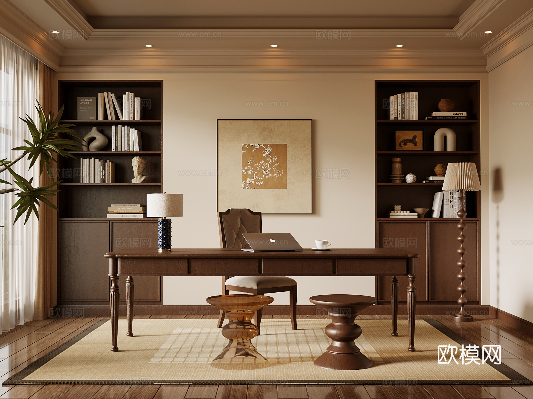 法式书房 书桌椅 书柜 中古风书房su模型