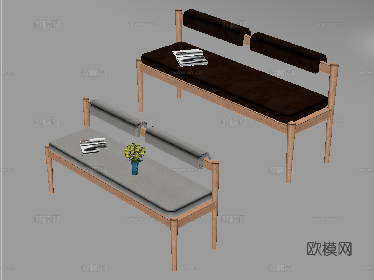 现代实木靠背长条椅 换鞋长凳su模型
