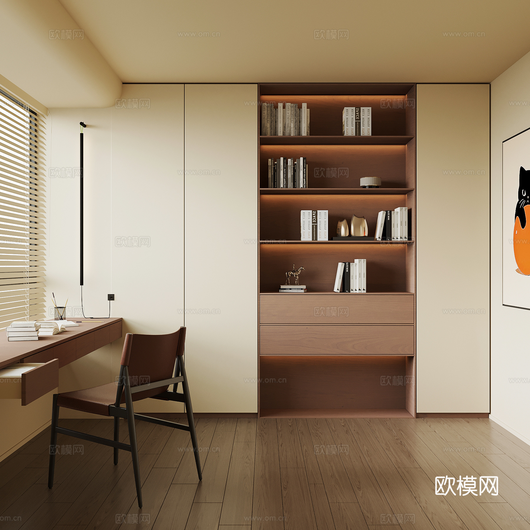 中古风书房 书桌椅 书柜su模型