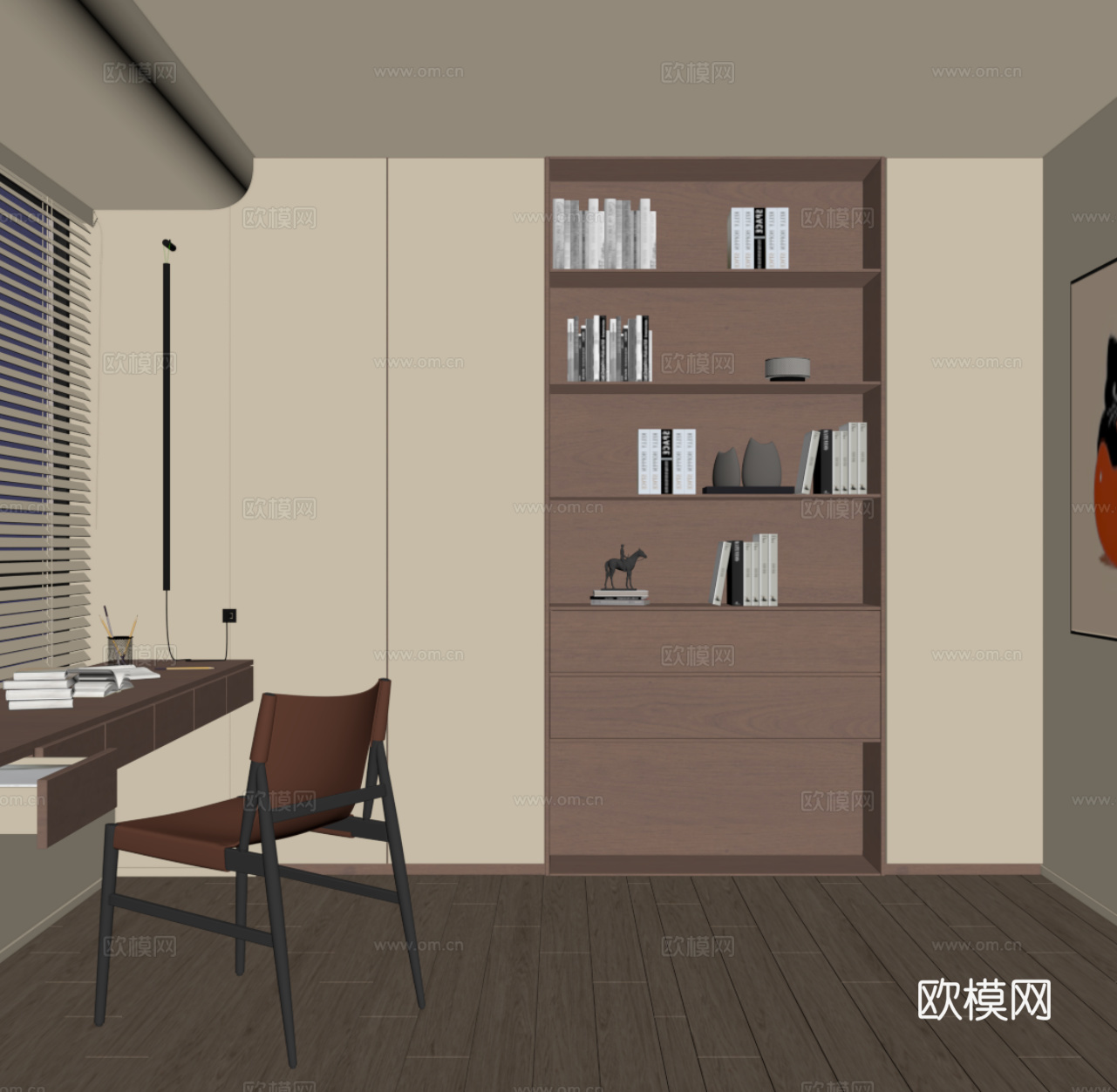 中古风书房 书桌椅 书柜su模型