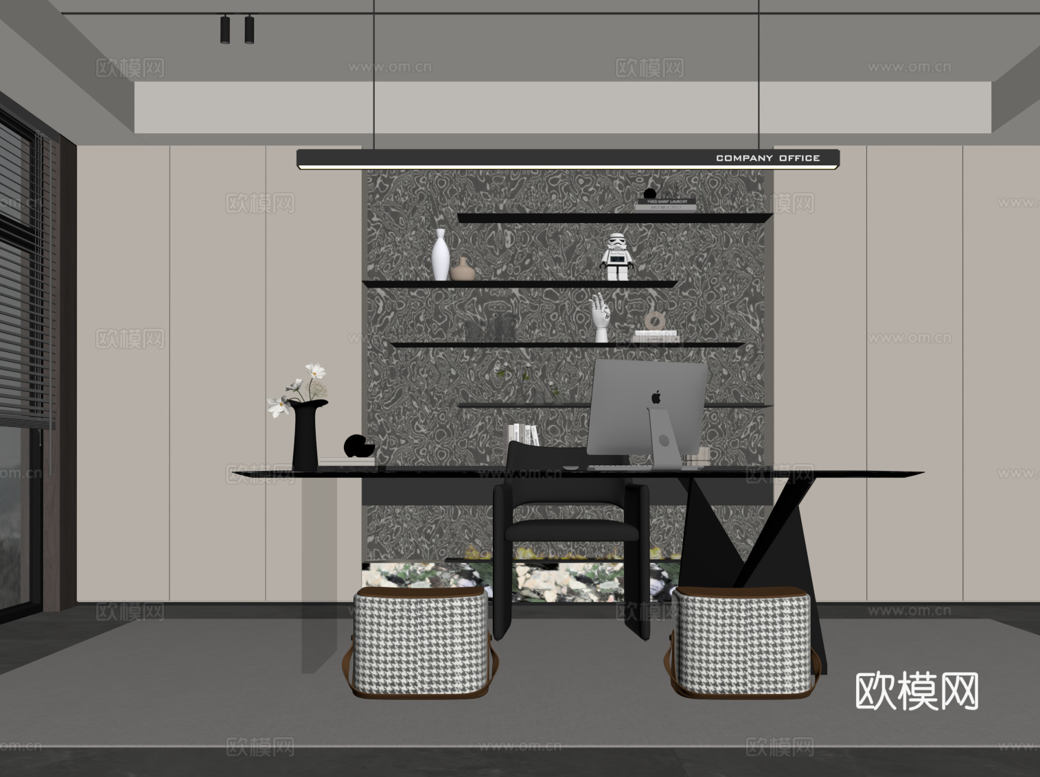 现代意式书房 书柜 书桌椅su模型