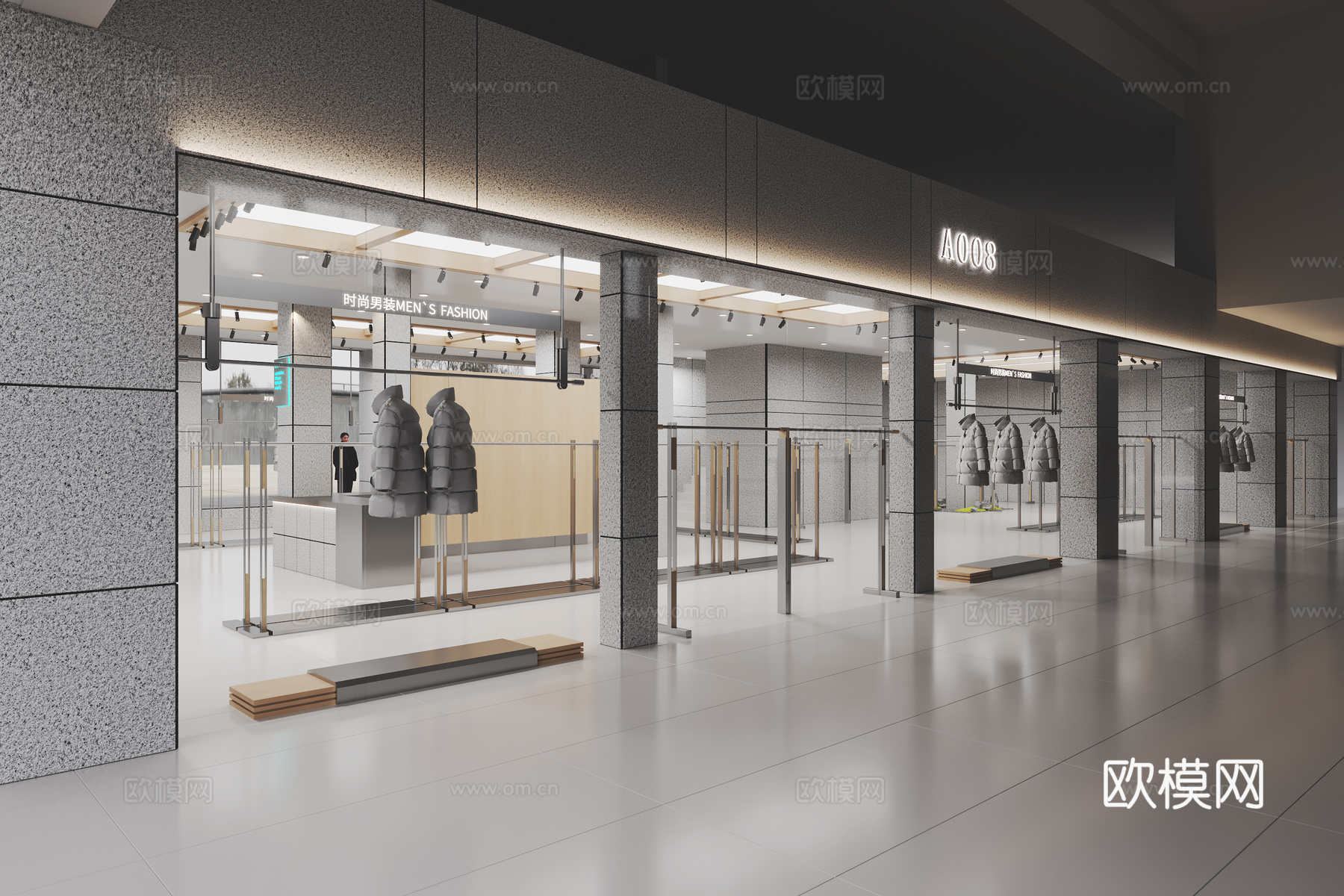 现代潮牌服装店 服装货架 服饰衣架 软膜天花 水包砂艺术涂料su模型