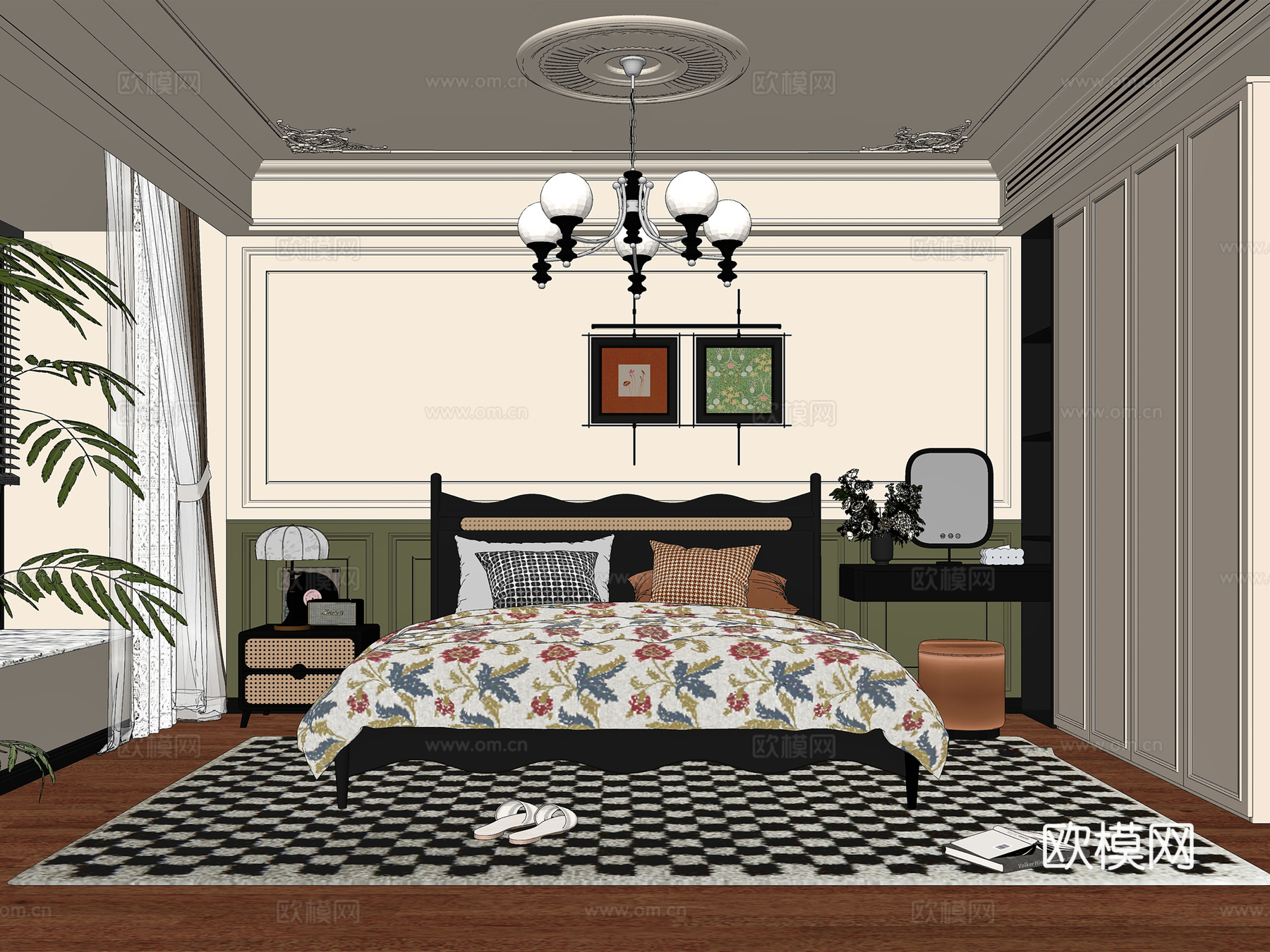 法式风格卧室 法式双人床 床头柜 梳妆台 法式衣柜 法式吊灯su模型
