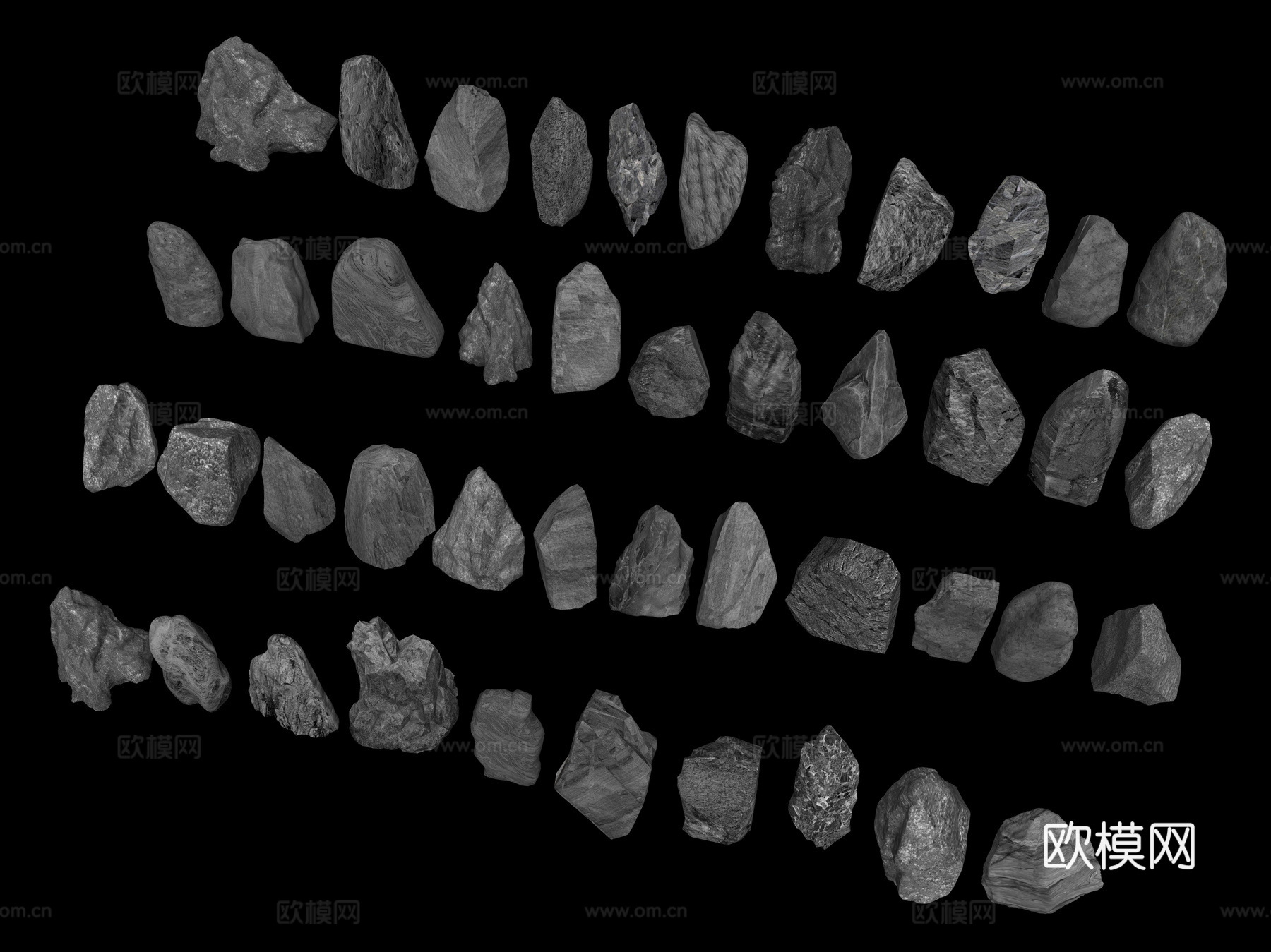 新中式景石 置石 黑山石 立石石块 景观石头 条石自然石su模型