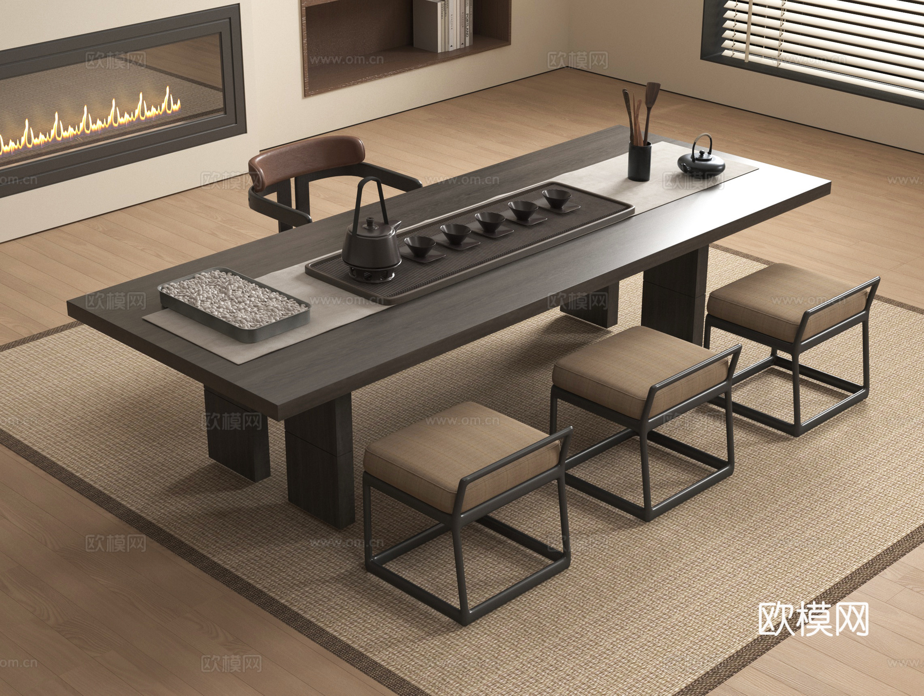 新中式茶桌椅组合 茶具su模型