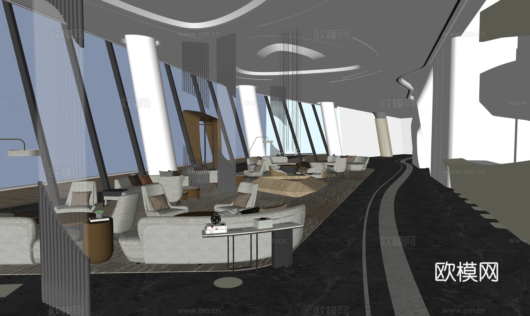 现代售楼部大厅_前台接待区_前台背景墙_沙盘模型_异型楼梯su模型