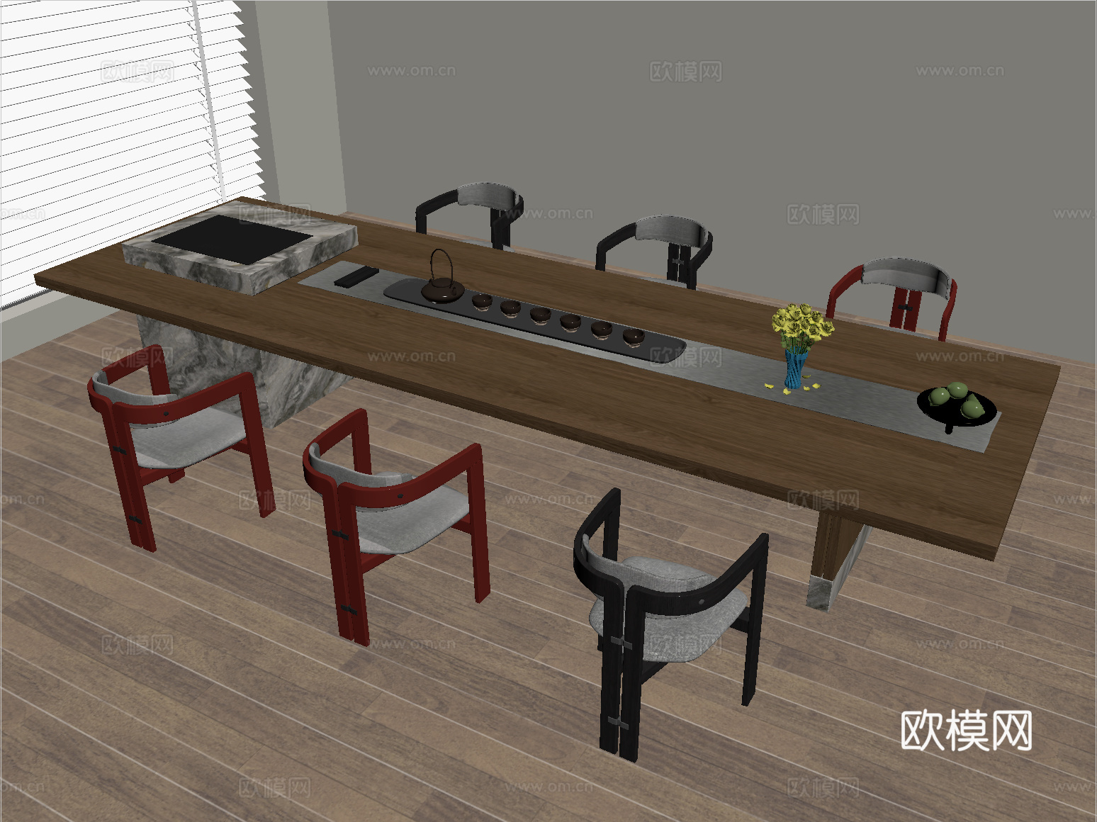 现代茶桌椅组合 茶具su模型