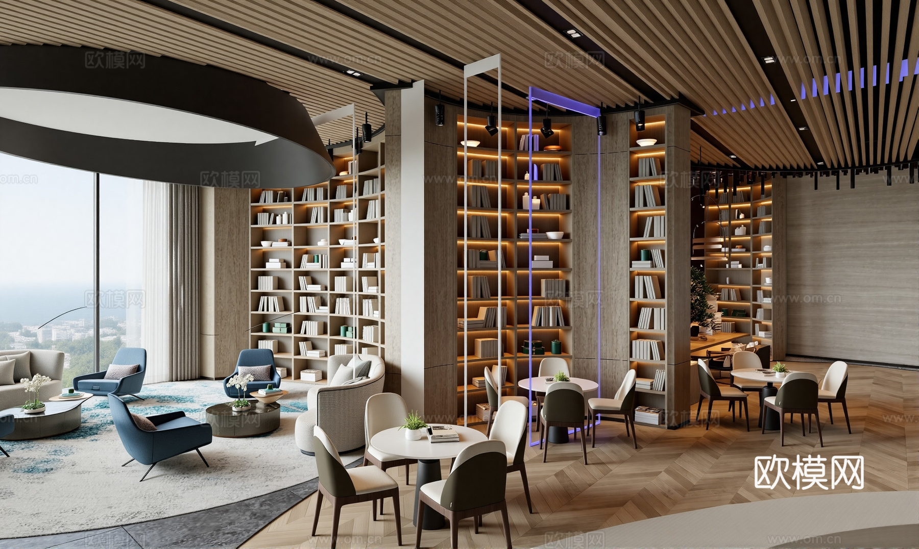 现代书店_图书馆_休闲书吧_书柜_图书室_阅览室_休闲桌椅_su模型