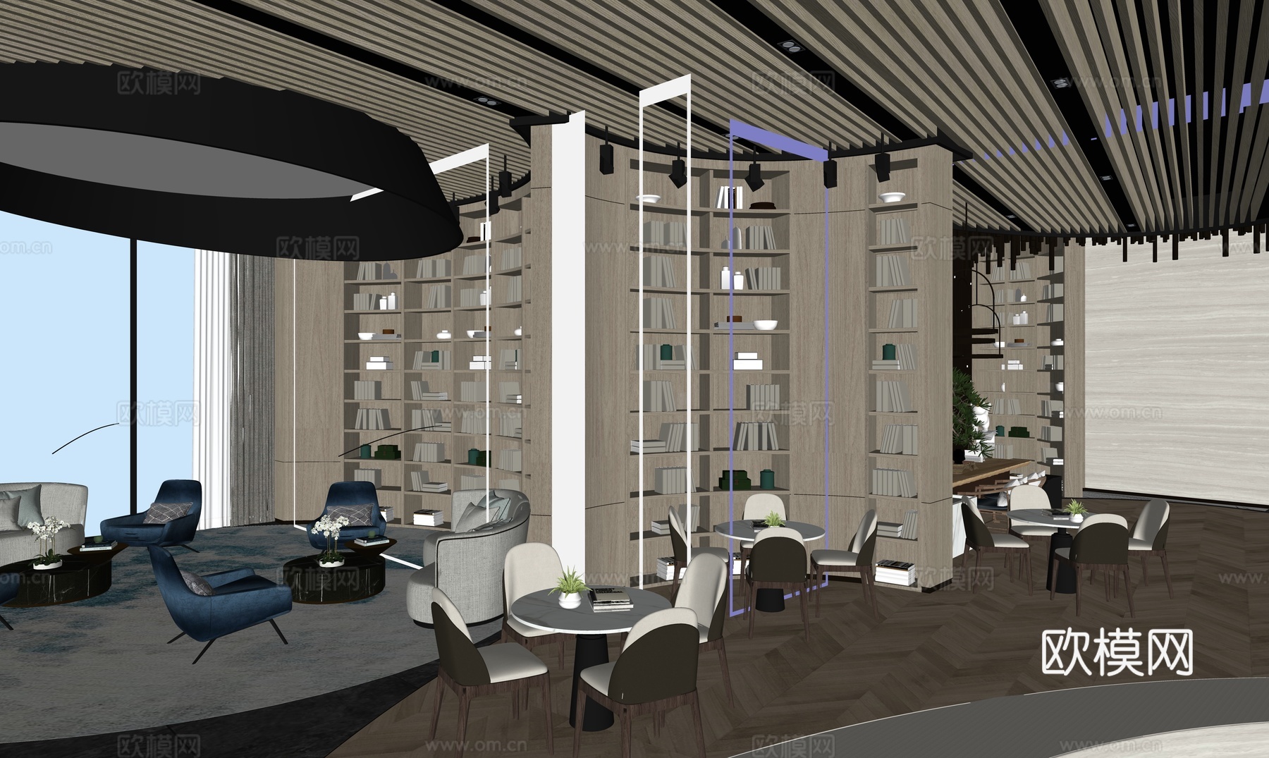现代书店_图书馆_休闲书吧_书柜_图书室_阅览室_休闲桌椅_su模型