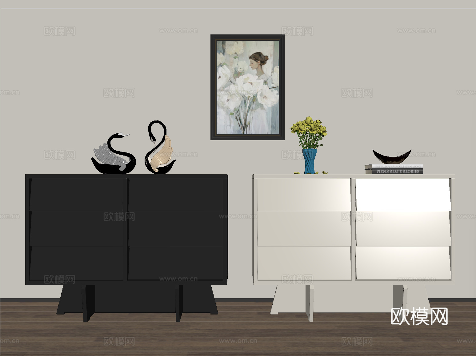 现代玄关柜 餐边柜 边柜 储物柜 摆件su模型