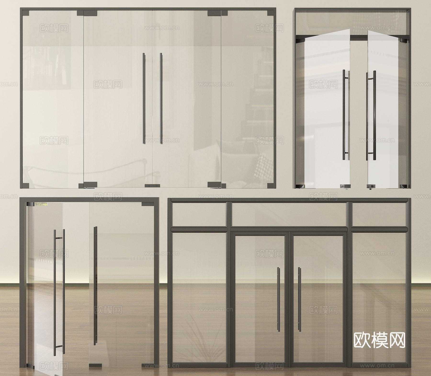 现代玻璃双开门 办公室门su模型