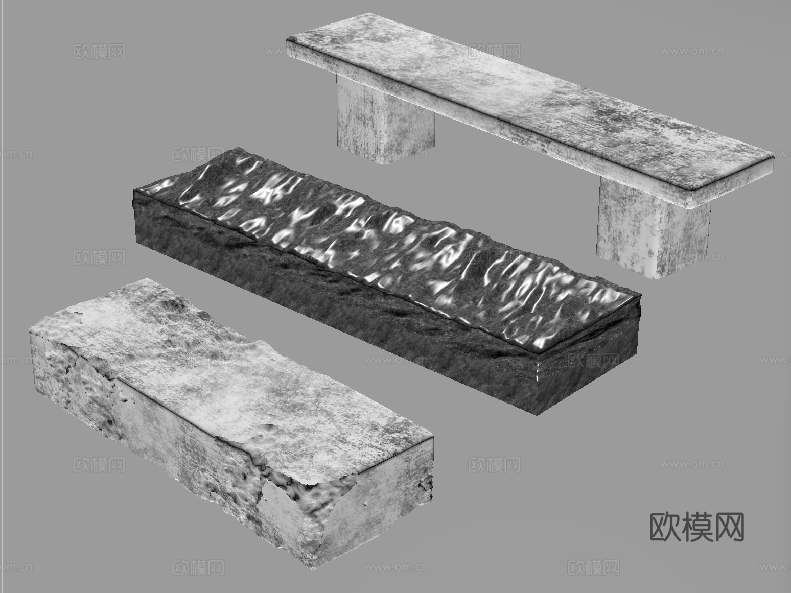 中式石凳 景观石凳 长条形 户外景观座凳su模型