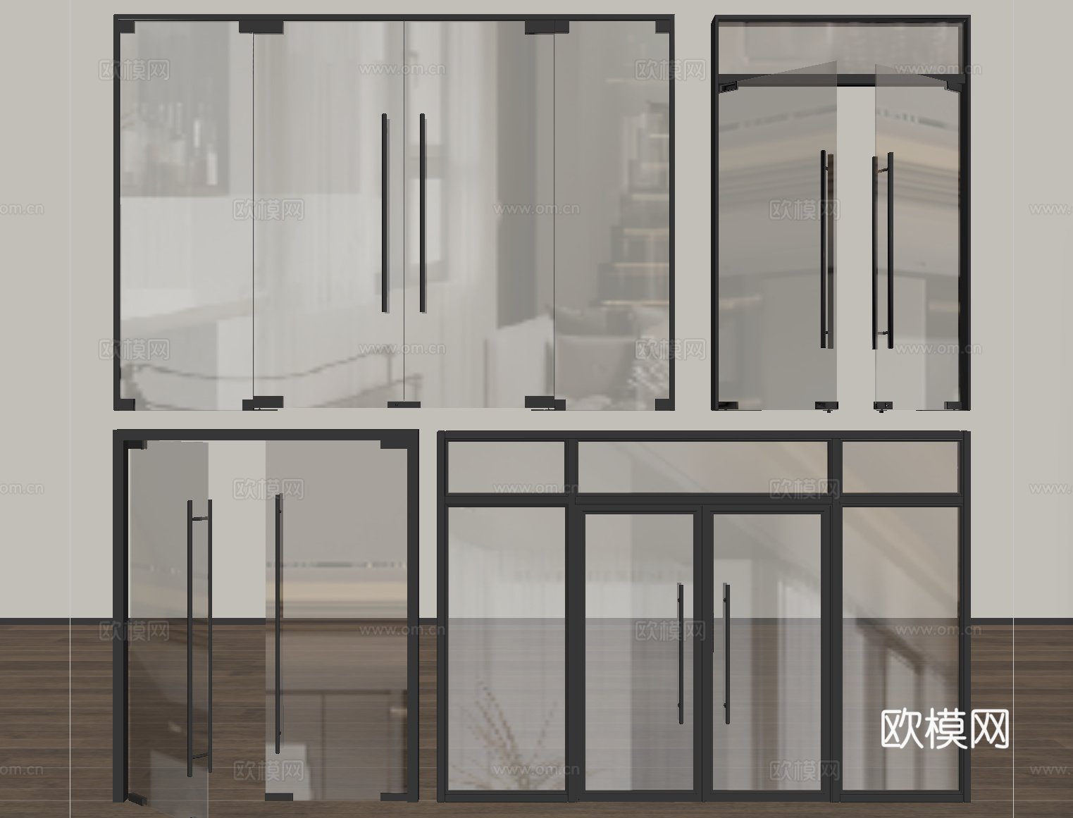 现代玻璃双开门 办公室门su模型