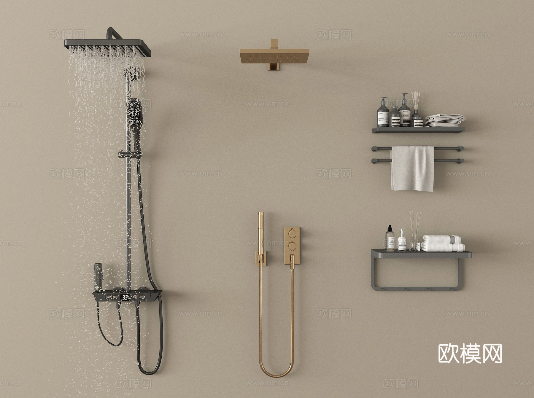 现代淋浴花洒 不锈钢花洒 卫浴小件su模型