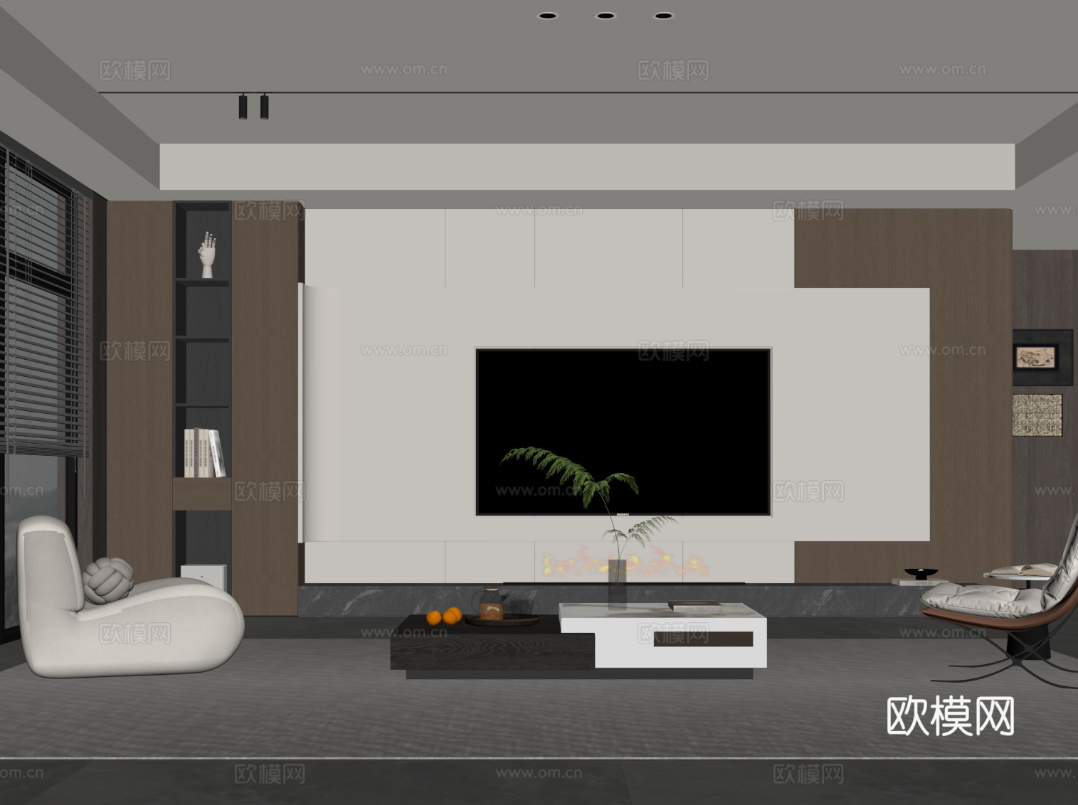 现代意式客厅 电视背景墙 电视柜 沙发茶几组合su模型