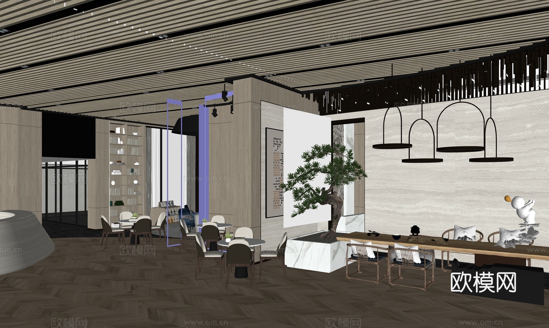 现代书店_图书馆_休闲书吧_书柜_图书室_阅览室_休闲桌椅_su模型