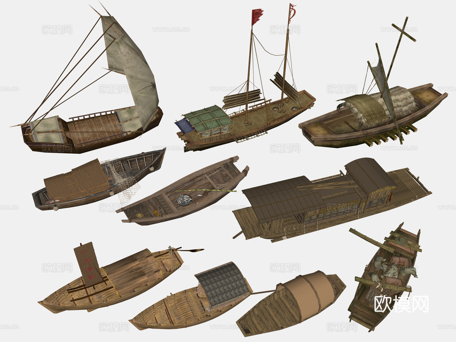 中式木船 渔船 游船 木舟 小船 帆船 仿古船 客船 轮船su模型