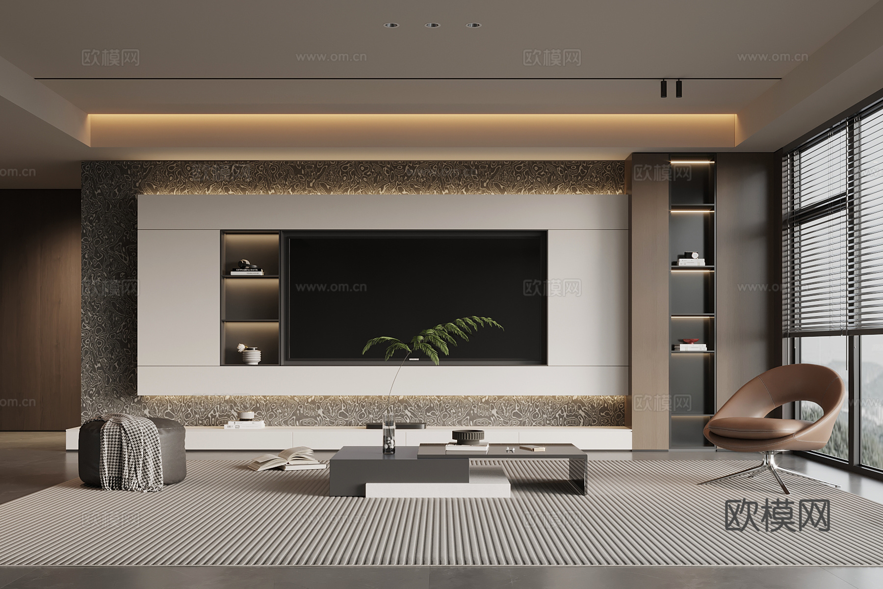 现代意式客厅 电视背景墙 电视柜 沙发茶几组合su模型