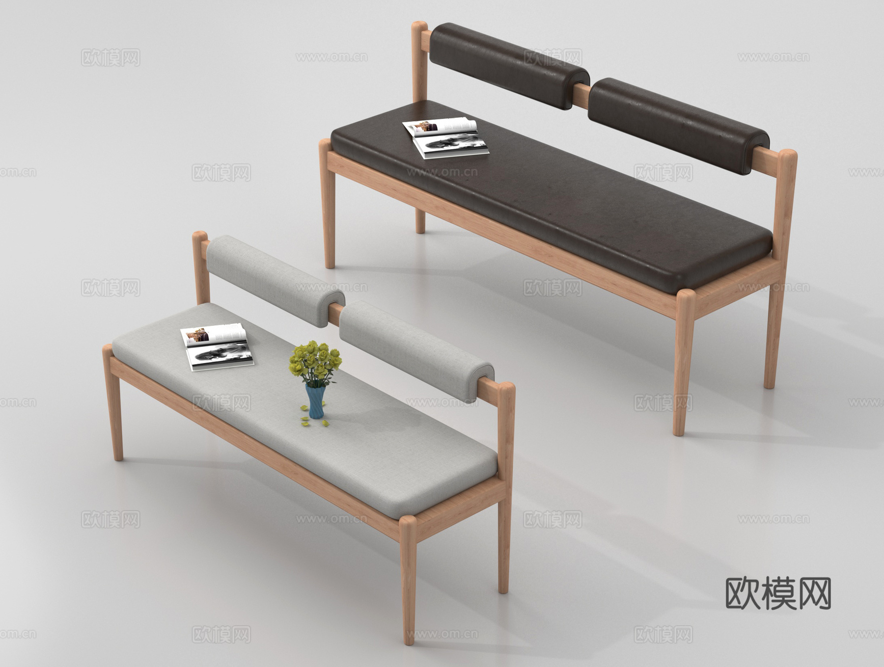 现代实木靠背长条椅 换鞋长凳su模型