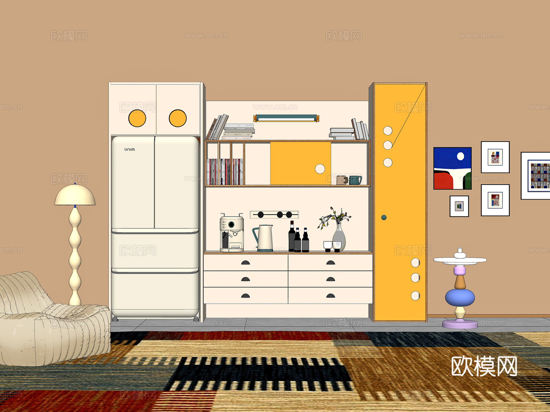 现代餐边柜 餐具摆件 咖啡机 落地灯 冰箱su模型