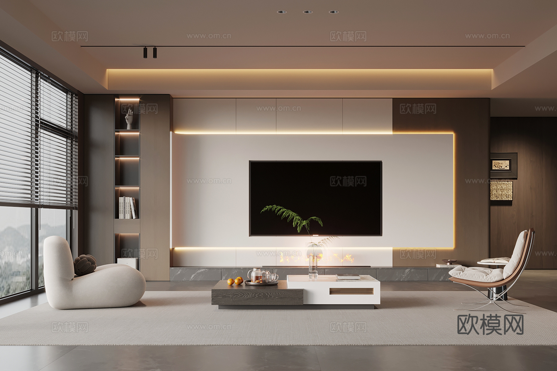 现代意式客厅 电视背景墙 电视柜 沙发茶几组合su模型