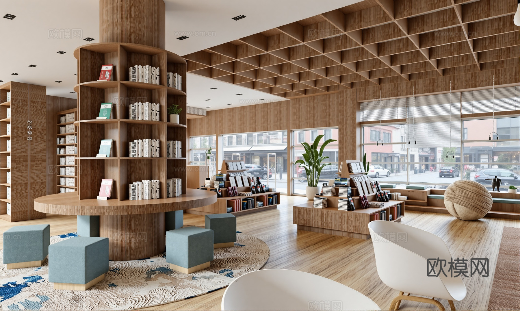 现代原木风图书馆su模型
