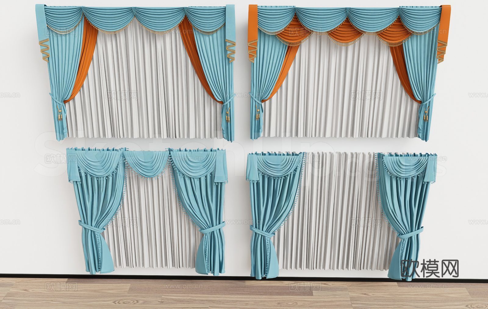 新古典窗帘 蓝色帷幔窗帘 金色绶带帘头 双层纱帘布帘su模型