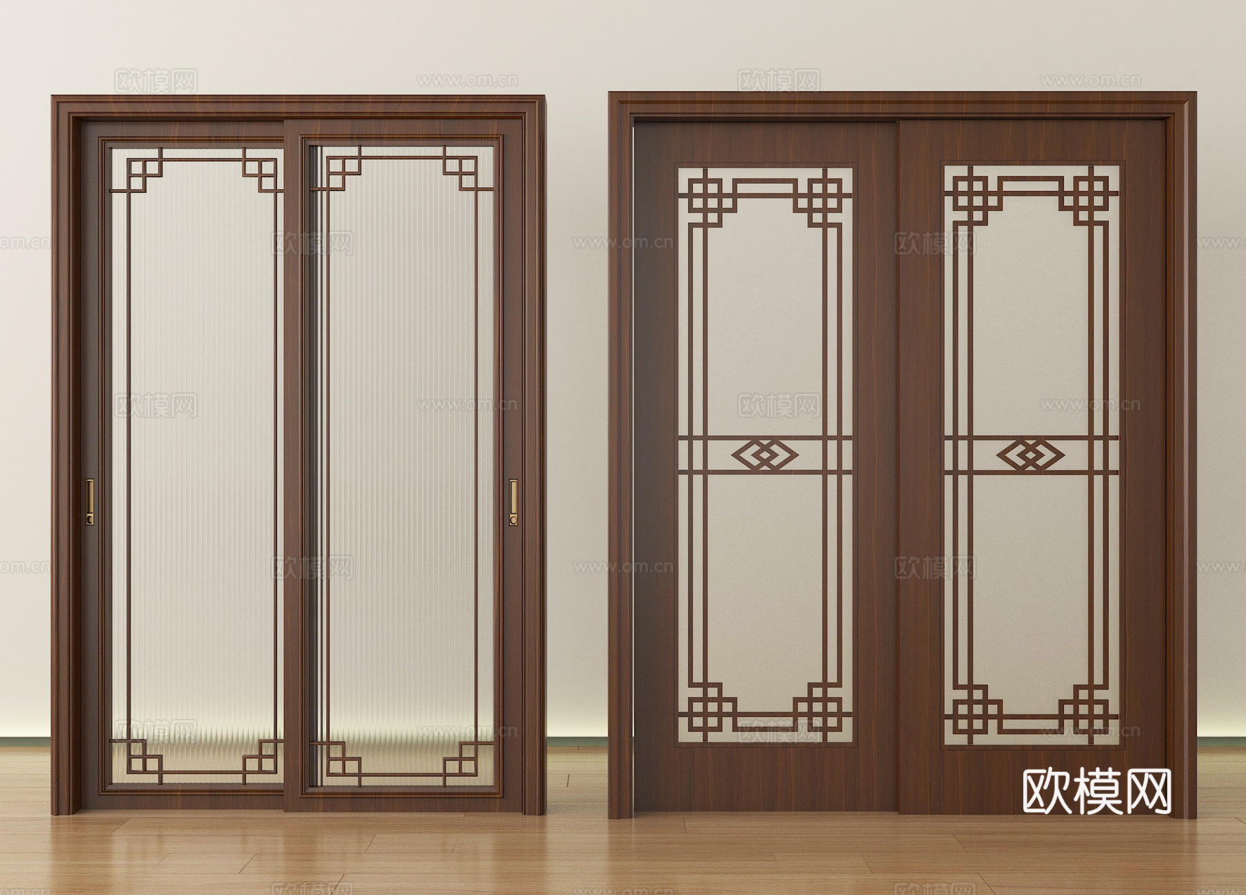 新中式推拉门 移门 实木门su模型