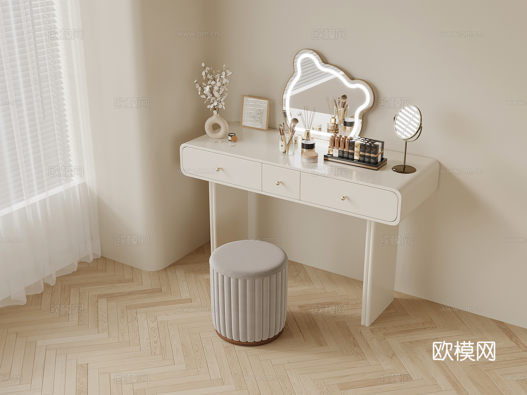 现代奶油风梳妆台su模型