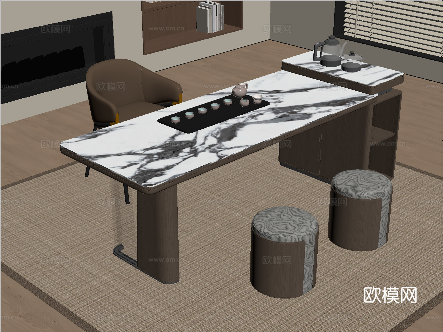 现代岩板茶桌椅组合 茶具su模型