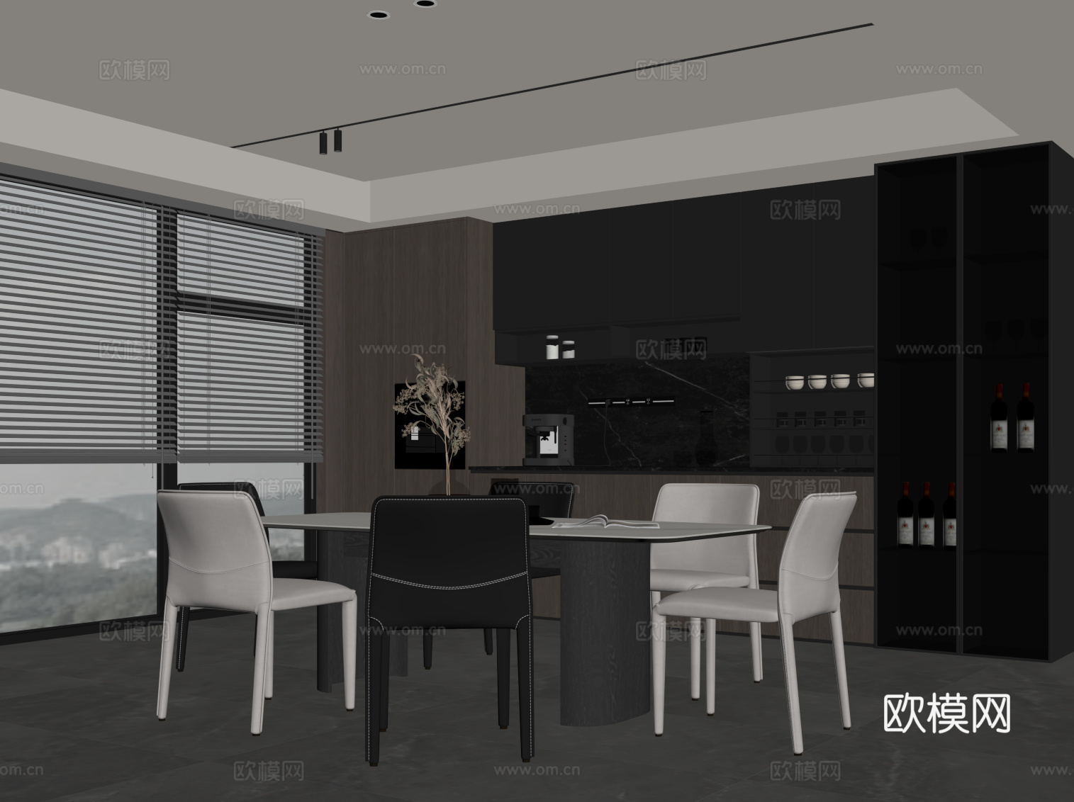 现代意式餐厅 酒柜 餐桌椅su模型