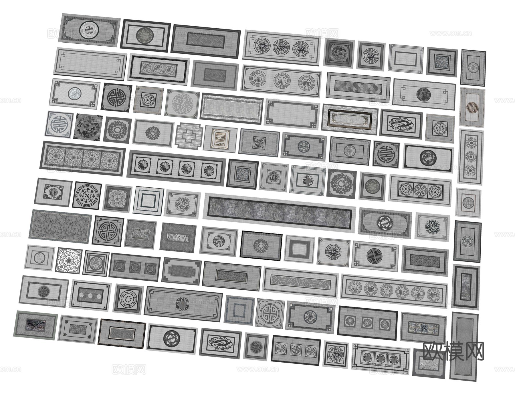 新中式铺装铺地 地铺拼花 地雕砖雕图案 庭院铺装花纹 浮雕铺su模型
