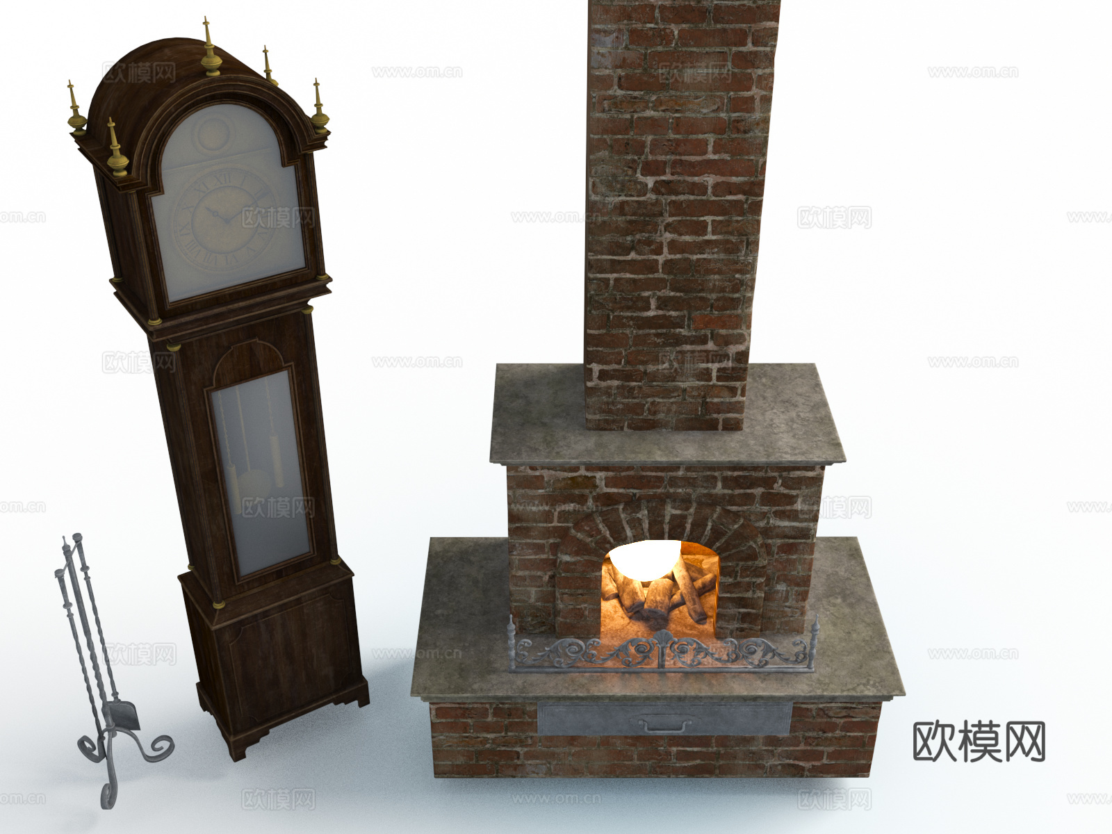 复古风格 复古壁炉 复古大时钟 复古装修3d模型下载