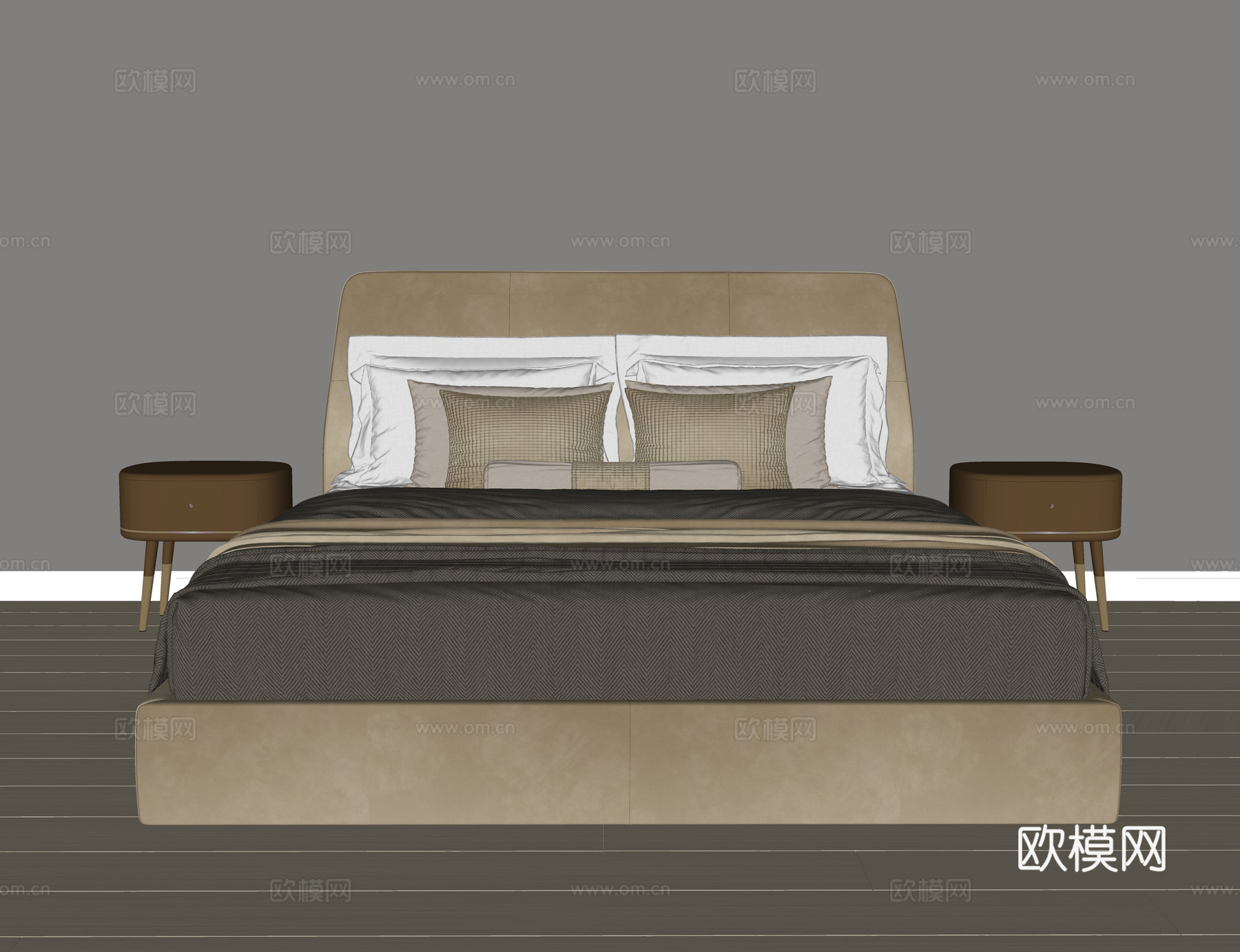 简欧双人床 床上用品 床头柜 布艺双人床su模型