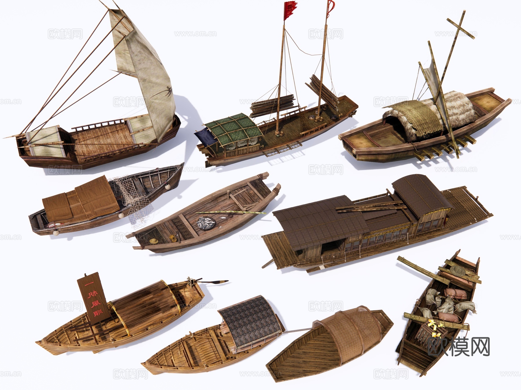 中式木船 渔船 游船 木舟 小船 帆船 仿古船 客船 轮船3d模型