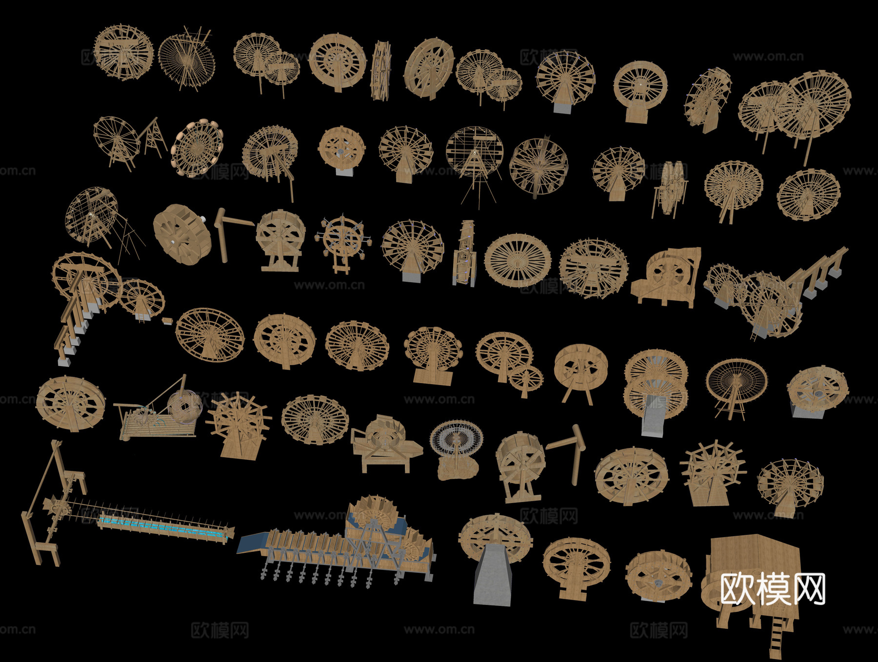新中式水车 灌溉农具 排水车轮 风车 脚踏水车 水具乡村小品su模型