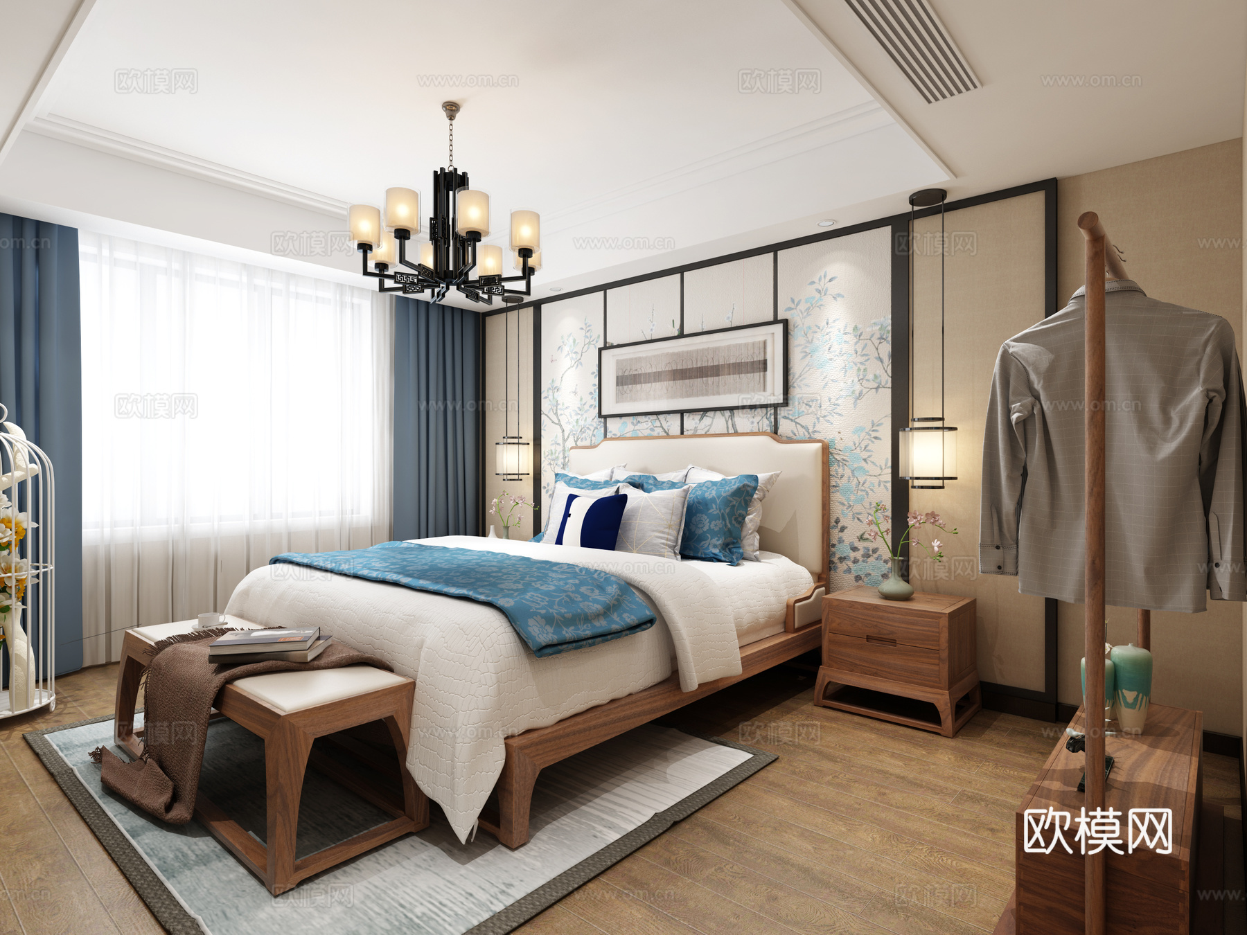 新中式卧室 双人床 床头柜 凳子 衣柜 吊灯 台灯 挂画3d模型下载（渲染图1）