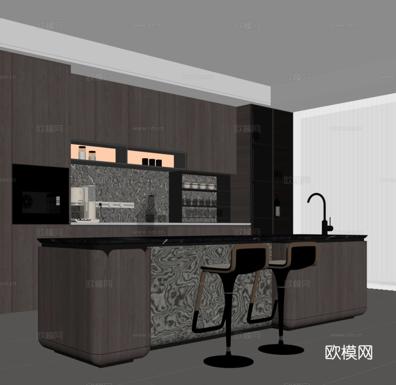 现代餐厅 意式岛台 酒柜 餐桌椅su模型