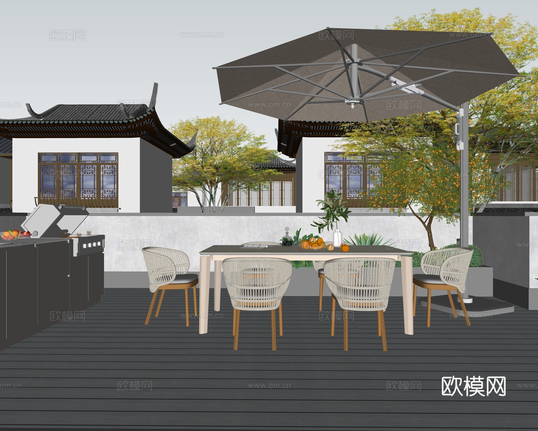 新中式庭院 屋顶露台花园 烧烤操作台 休闲餐桌椅 绿植花箱su模型