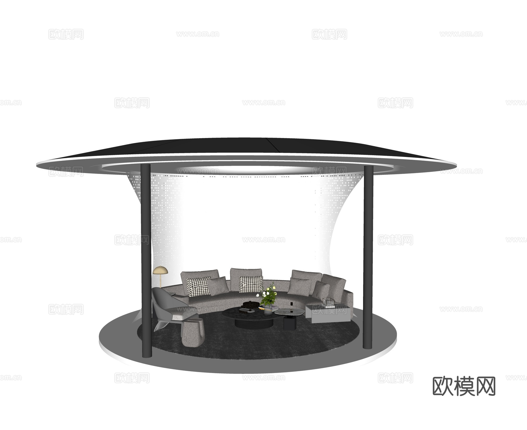 现代户外 庭院花园 圆形景观亭 圆形休闲沙发 多人沙发su模型