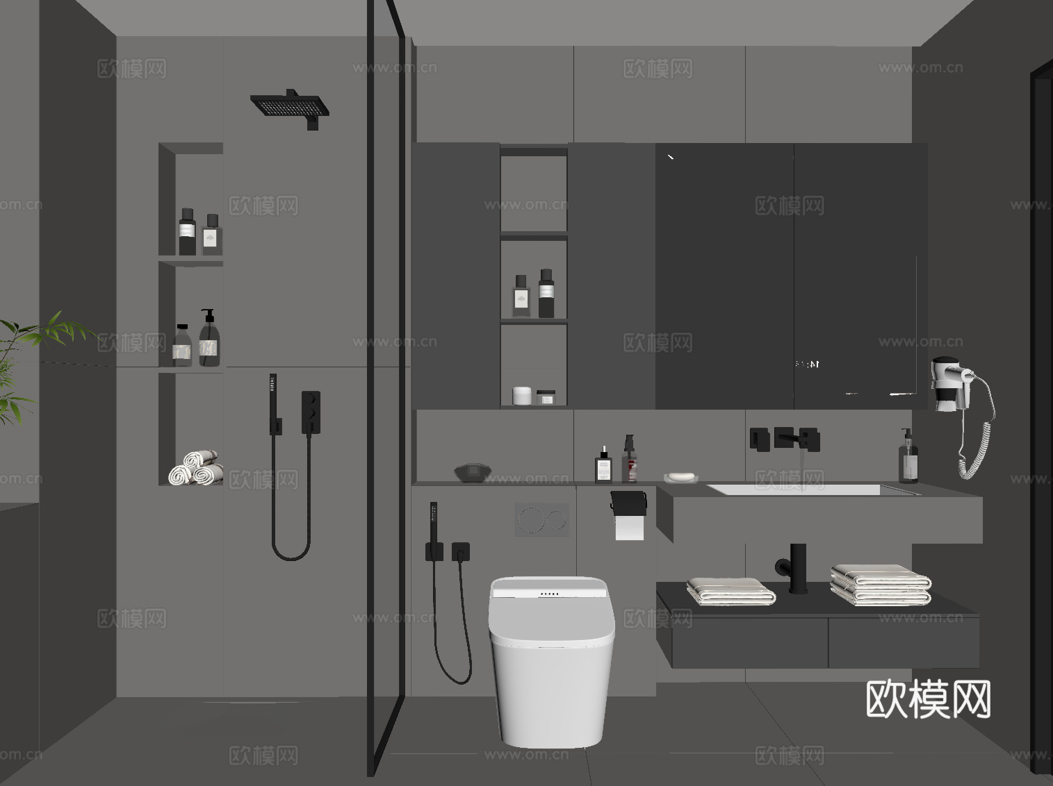 现代意式卫生间 浴室柜 马桶 淋浴间su模型