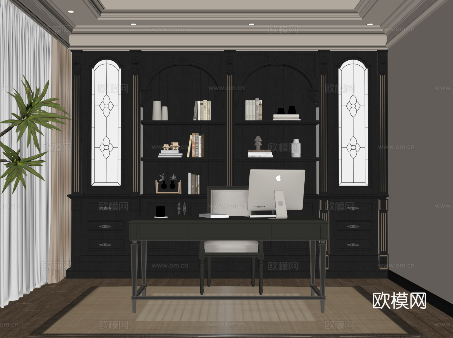 法式书房 书柜 书桌椅su模型