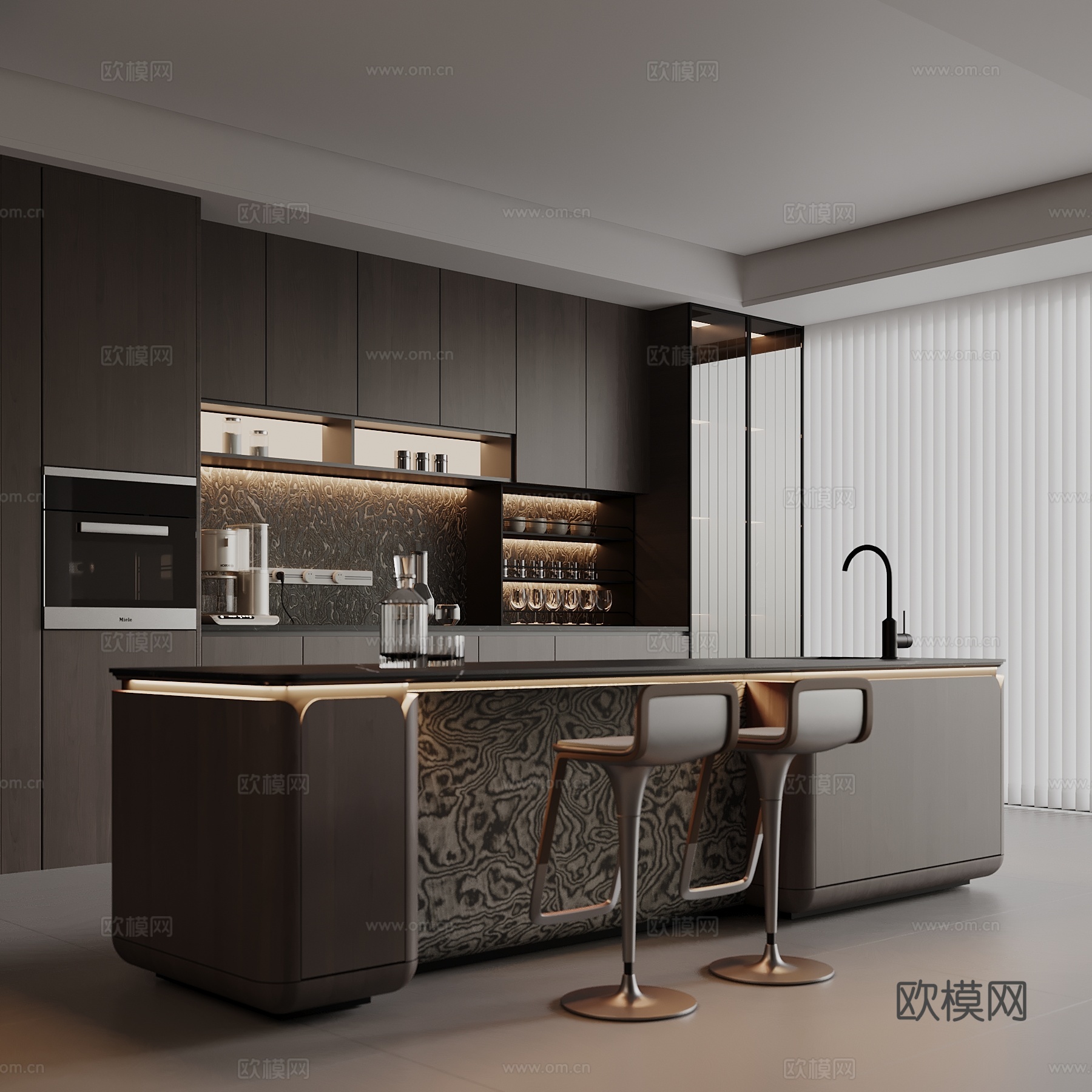 现代餐厅 意式岛台 酒柜 餐桌椅su模型