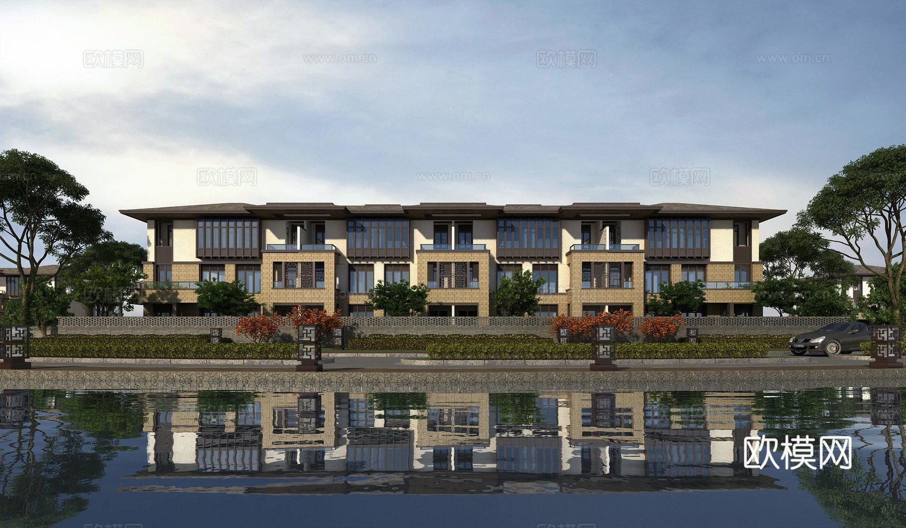 新古典新亚洲欧式古典三层别墅外观3d模型下载