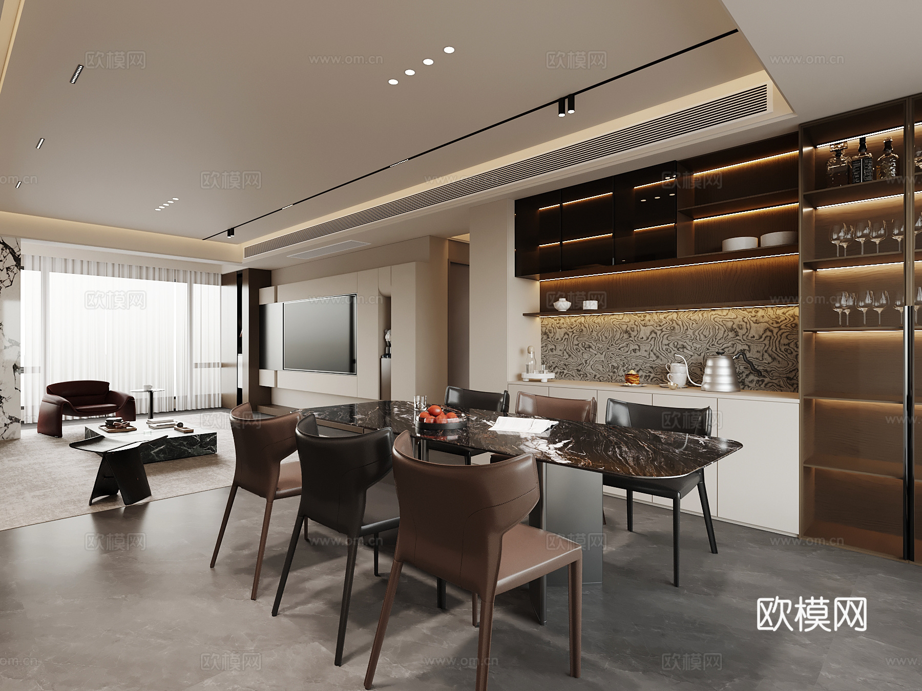 现代客餐厅 酒柜 餐桌椅 电视被金钱给su模型